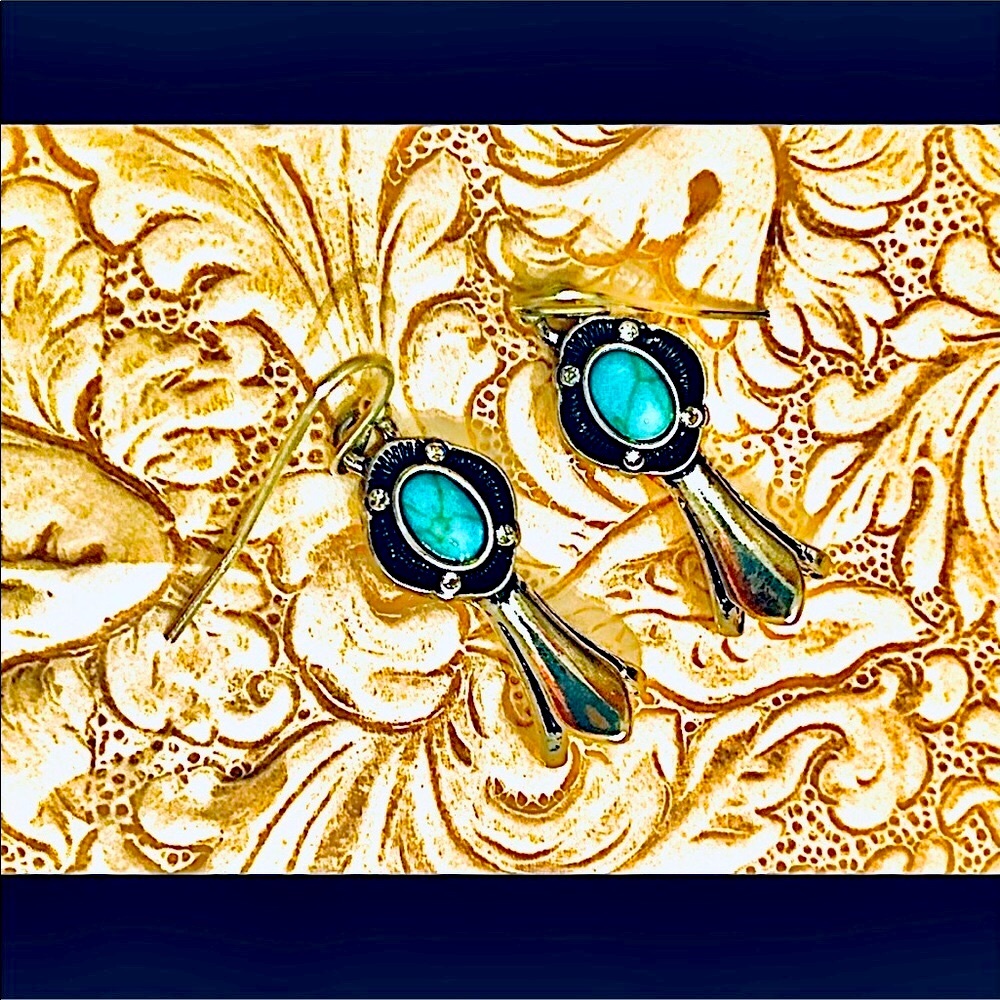 SQUASH BLOSSOM TURQUOISE SILVER EARRINGS 1 1/4” LONG LAST PAIR